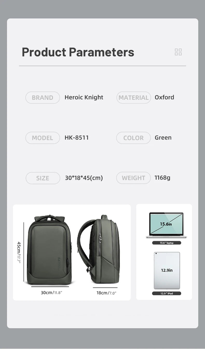 HK Casual Travel Backpack for Men 15.6 inch Laptop Backpack with USB Charging Port Waterproof Daypack Computer Bag for Business