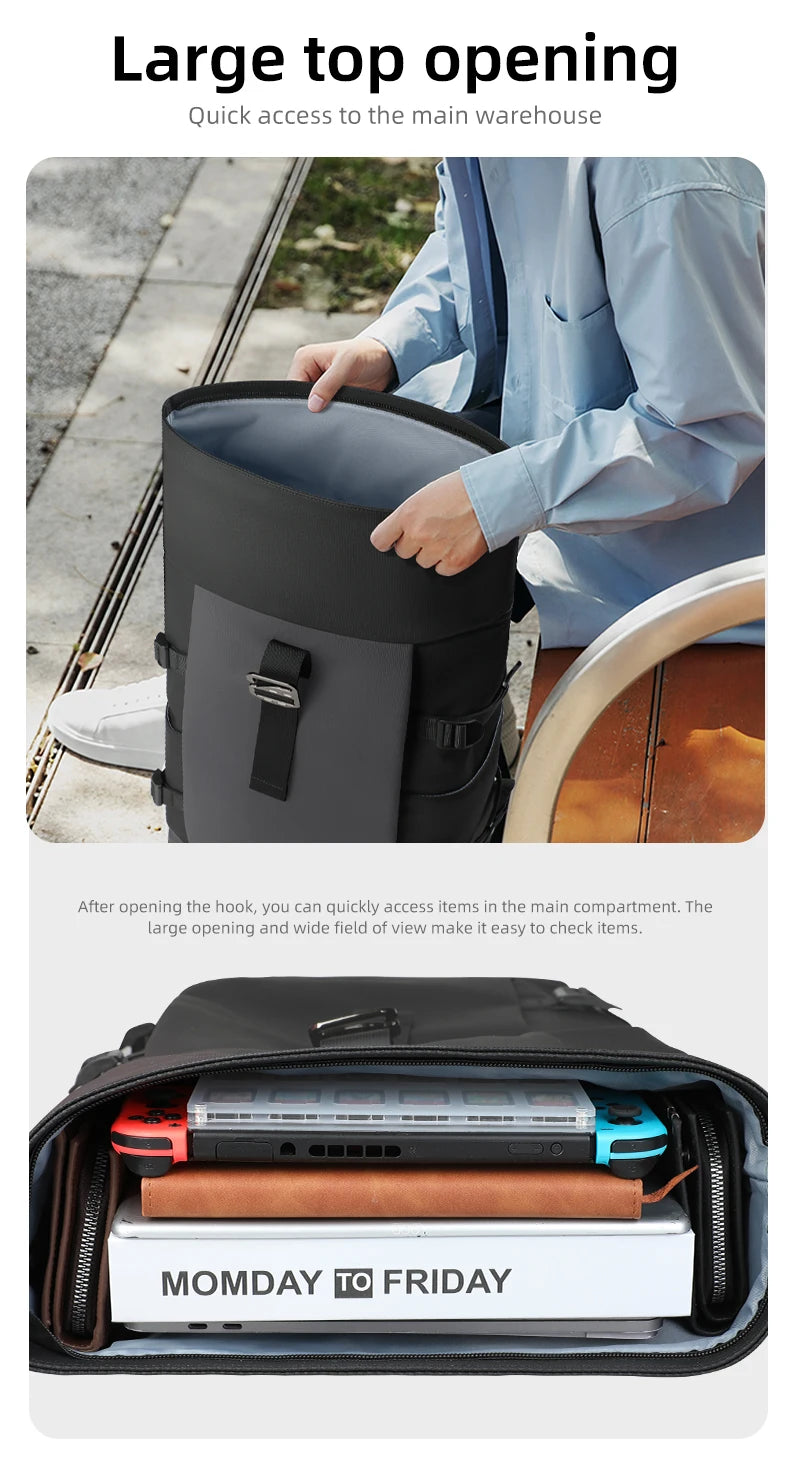 HK Waterproof Roll-Top Backpack for Men Large Capacity Expandable 17 Inch Laptop Bag Leisure Travel Backpack Hiking Camping Bags