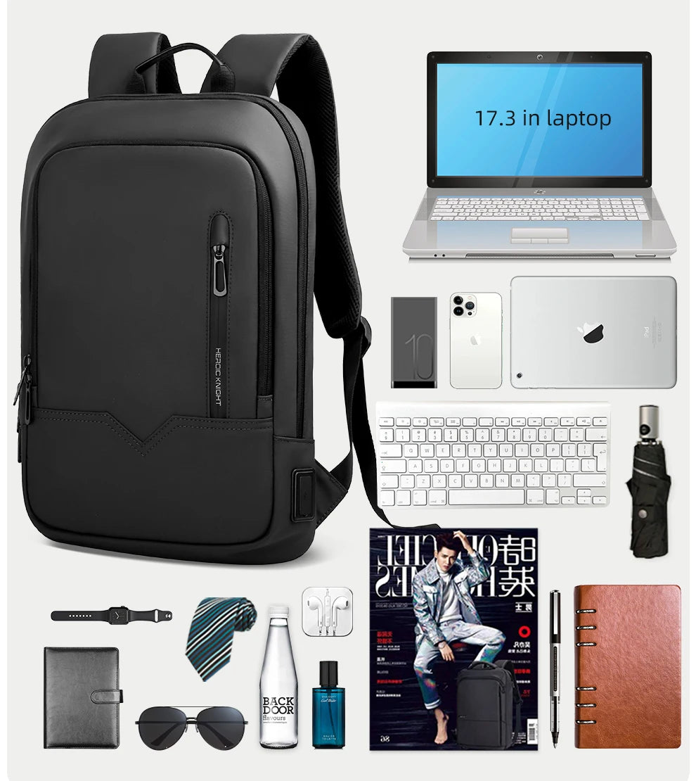 HK Slim Business Backpack for Men 17.3 inch Laptop Bag with USB Port Lightweight School Bag Waterproof Travel Backpacks for Work