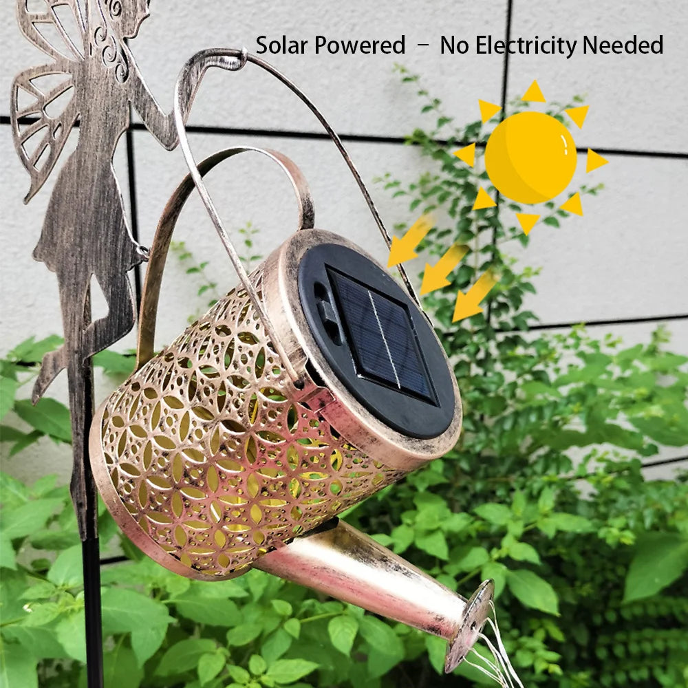 Solar Watering Can Light Outdoor Garden Decoration – Hollow Iron LED Projection Lamp, Waterproof Landscape Ground Stake Light