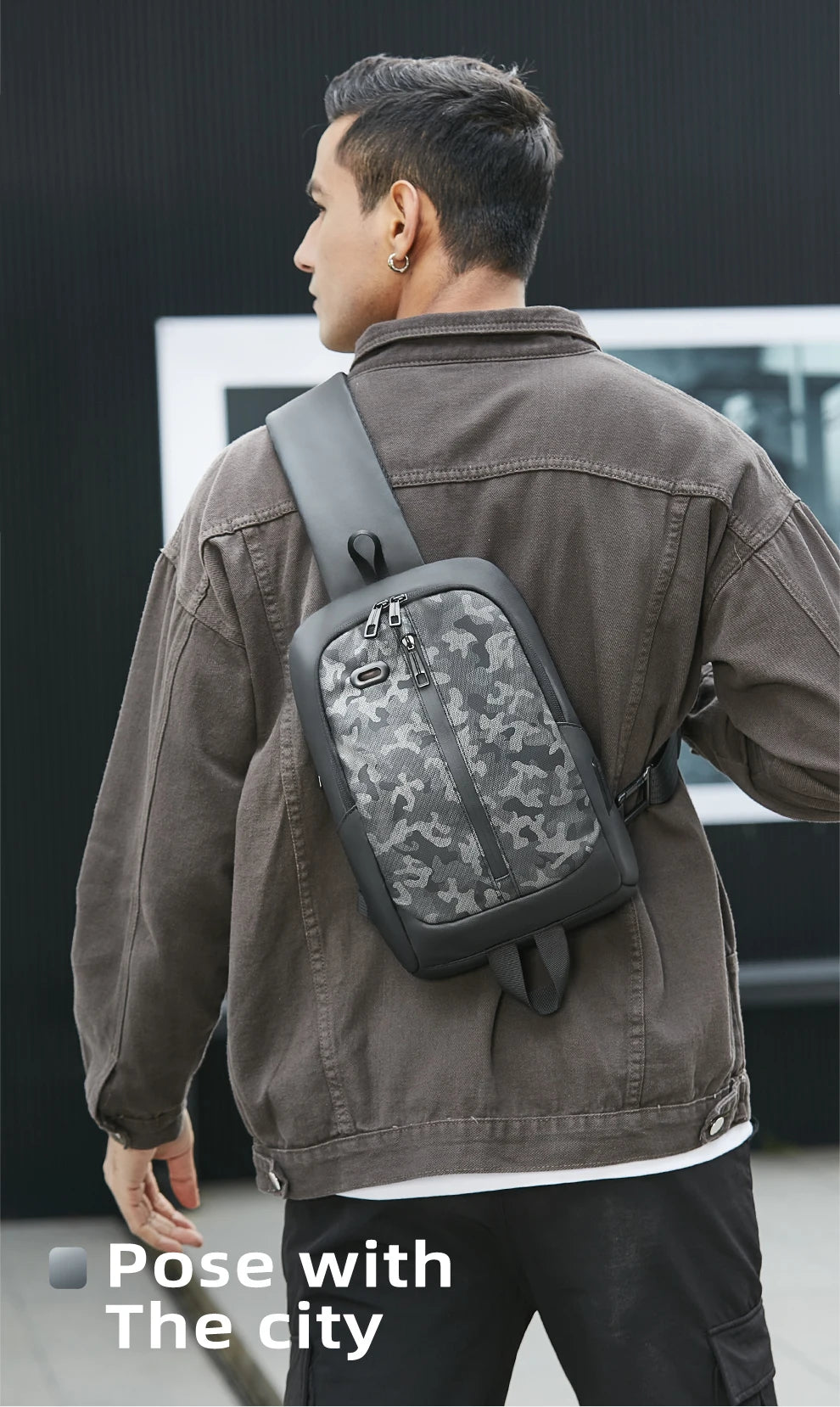 HK Lightweight Shoulder Bag USB Charging Camouflage Crossbody Bag for Men Casual Outdoor Running Sling Bags With Earphone Jack