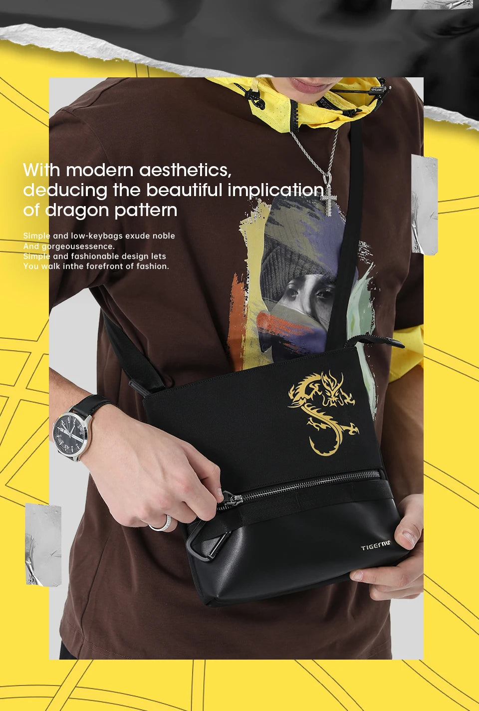 Tigernu Crossbody Bags For Men Chinese Style Shoulder Bags Mini Bag Travel Bags For Men Dragon Series