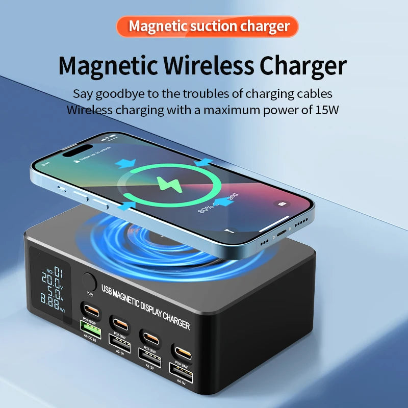 220W GaN USB Type C Fast Charger Portable QC3.0 140W Desktop Power Charging Station Charger For iPhone 16 15 Pro Max MacBook Air