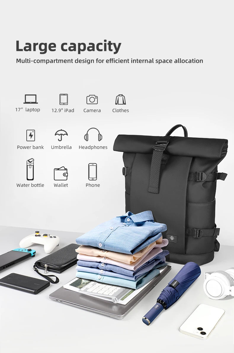 HK Roll-top Travel Backpack Expandable Business Backpack for Men 15.6 Inch Laptop Bag Casual Commute Daypack Computer Men's Bag