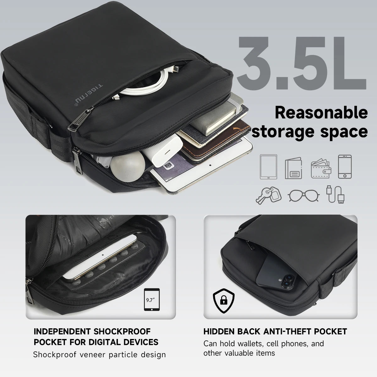 Tigernu Shoulder Bags For Men Messenger Bags For TPU Crossbody Bags Male Fashion Bag For 9.7inch Ipad Bags Travel Mini Bag Sling