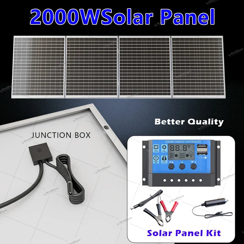 2000W 12V Solar Panel Charger DC System with 100A Controller Ideal for Outdoor Camping Charging Mobile Phones and Car Batteries