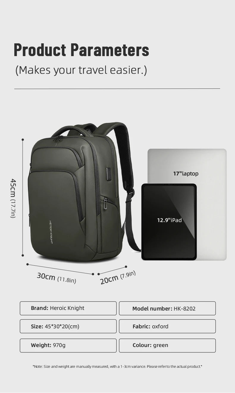HK Casual Business Backpack for Men Travel Daypack Waterproof 17.3 Inch Laptop Bag for Work Office College Bag with USB Charging