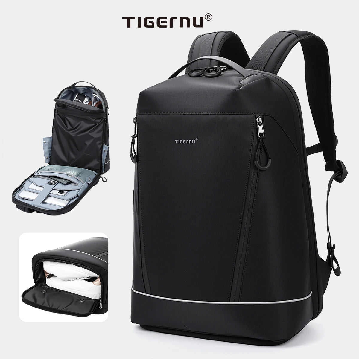 Tigernu Durable Fashion Backpack Men Large‑Capacity Travel Backpack With Shoes Pocket 180° Opening Bags Male School Backpack Lap