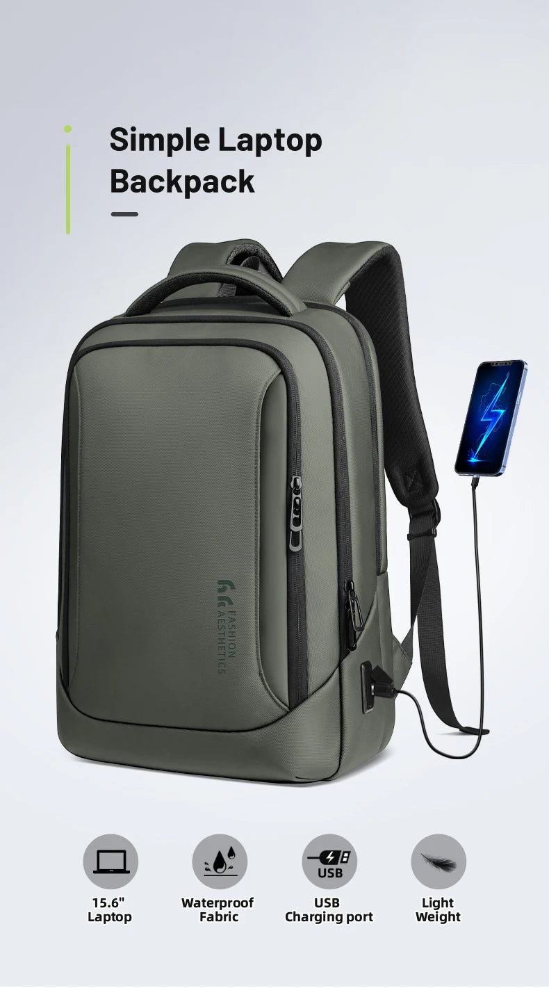 HK Casual Travel Backpack for Men 15.6 inch Laptop Backpack with USB Charging Port Waterproof Daypack Computer Bag for Business