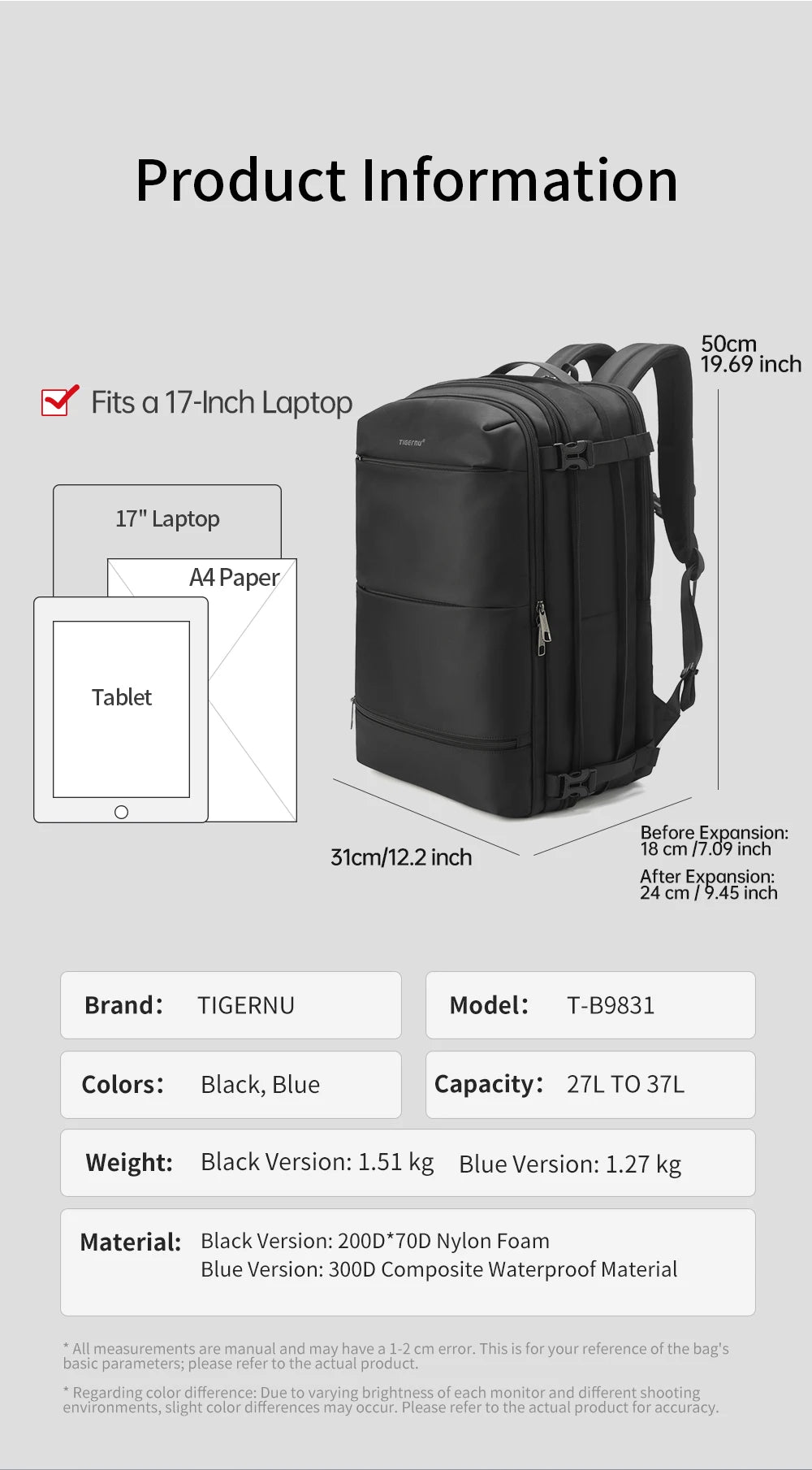 Tigernu Women Backpack Travel Backpack Bags 17inch Laptop Backpacks Cabin Bags Female Expandable Backpack For Women Schoolbags