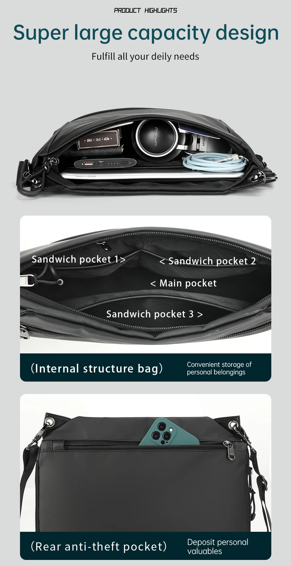 Tigernu Men Crossbody Bags 9inch Tablet Bag Shoulder Bags For Men Fashion Expandable Bags Handbag Sling Bags For College TPU Bag