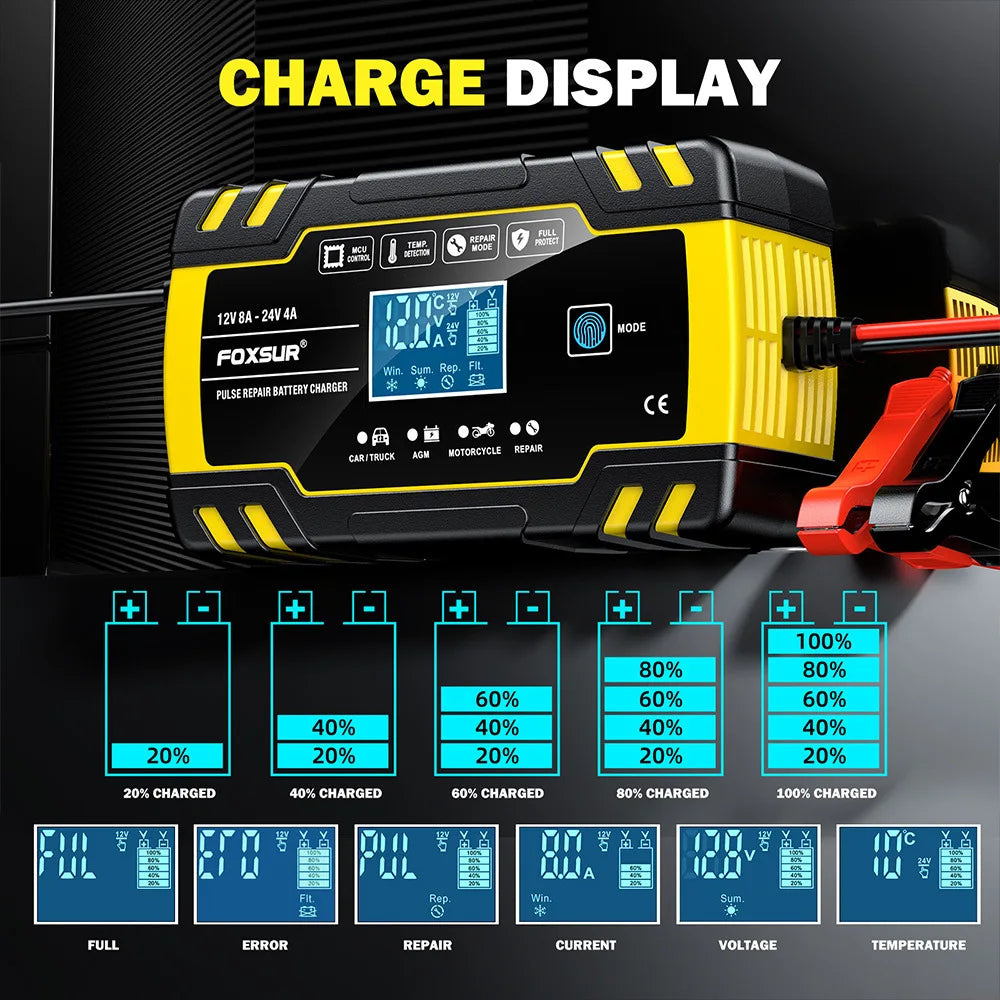 12V 24V Motorcycle Car Truck Battery Charger Repair Tool AGM Charger for Vehicle Batteries