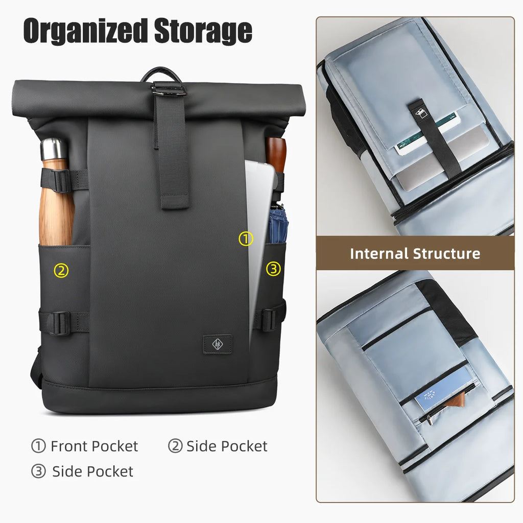 HK Roll-top Travel Backpack Expandable Business Backpack for Men 15.6 Inch Laptop Bag Casual Commute Daypack Computer Men's Bag