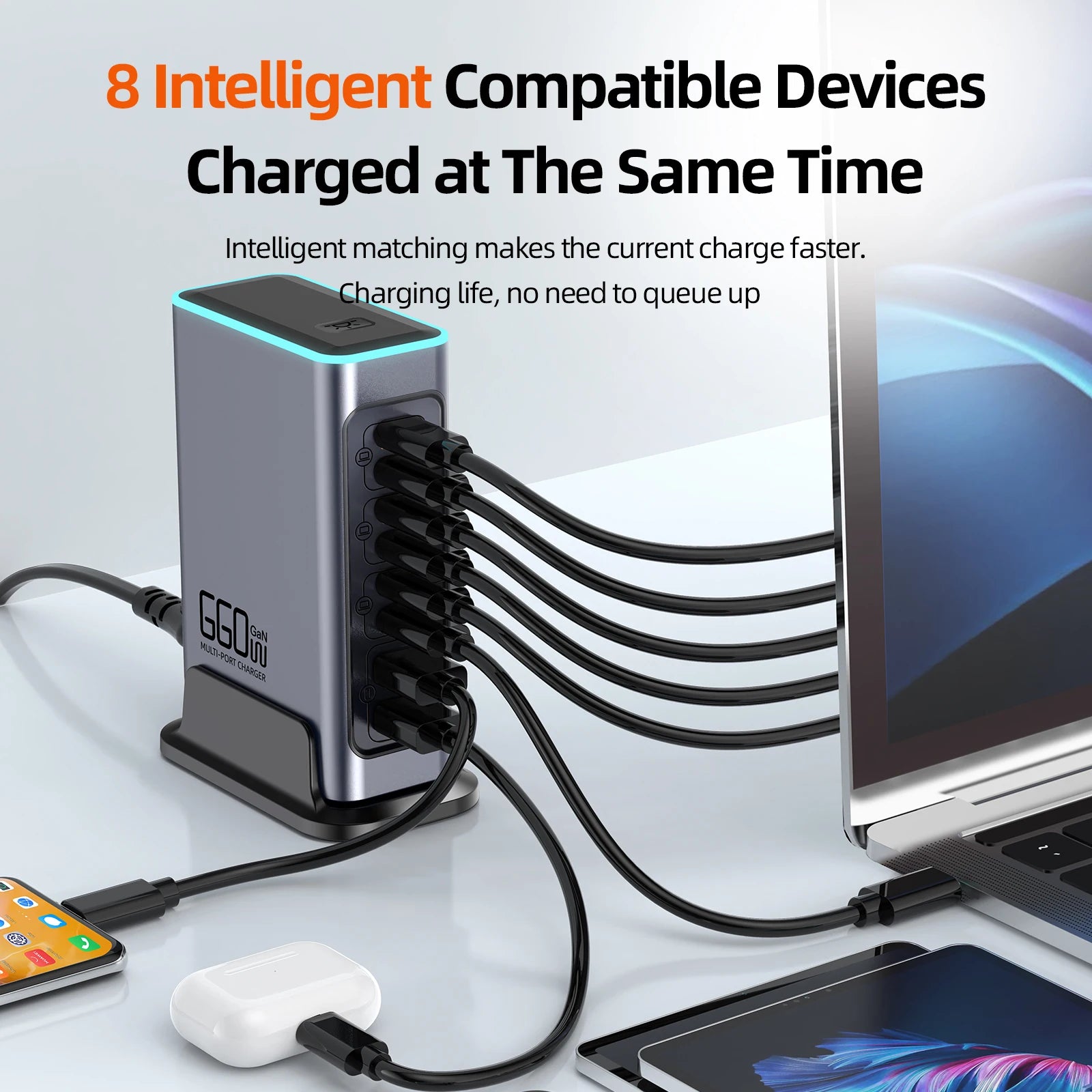 660W GaN Fast Desktop Charger USB C 8-Port Type C PD Fast Charge 3.0 for iPhone 16/15/14/13 Samsung - Desktop Multiport Charger