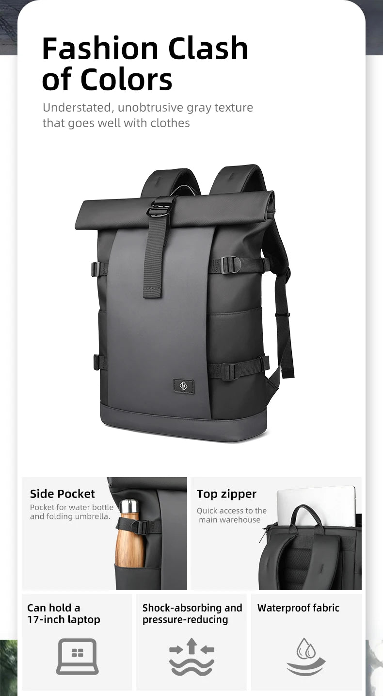 HK Waterproof Roll-Top Backpack for Men Large Capacity Expandable 17 Inch Laptop Bag Leisure Travel Backpack Hiking Camping Bags