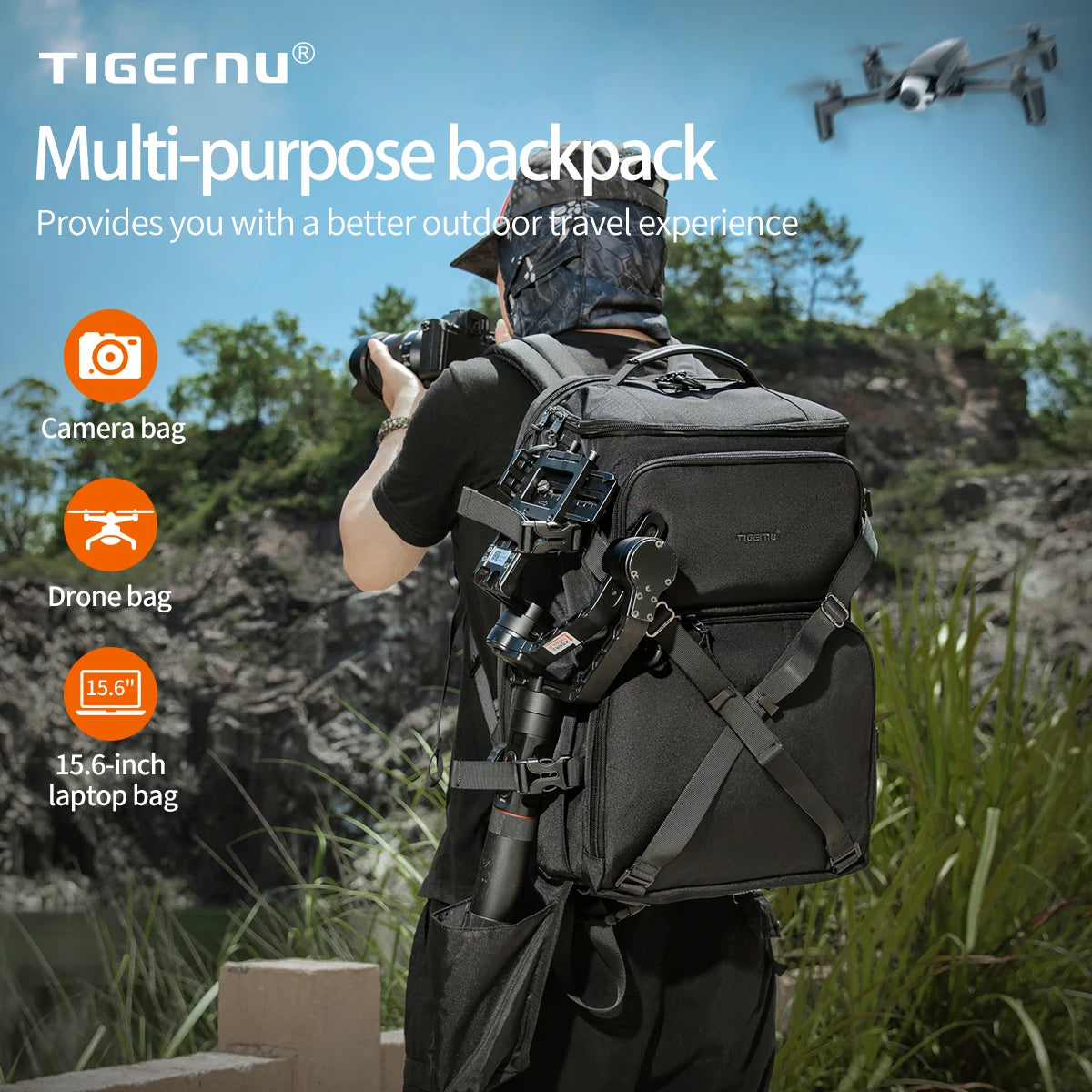 Tigernu Backpacks Men Camera Backpack 14 15.6inch Laptop Backpacks Drone Package Waterproof Cover Travel Backpack Bags Knapsack