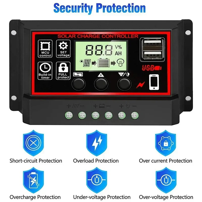 Solar Charge Controller 10A/20A/30A/40A/50A/60A/80A/90A/100A USB LCD Display 12V 24V Panel Charger Regulator with Load
