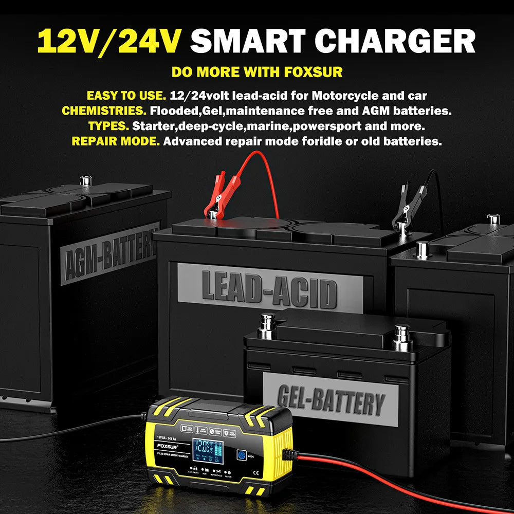 12V 24V Motorcycle Car Truck Battery Charger Repair Tool AGM Charger for Vehicle Batteries