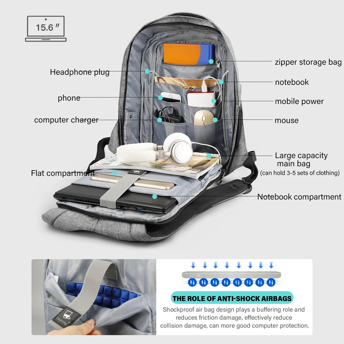 Tigernu Men Anti Theft Backpack 15.6inch Laptop Backpack Bags With USB Port Travel Bags Male Mochila Casual Schoolbags Knapsack