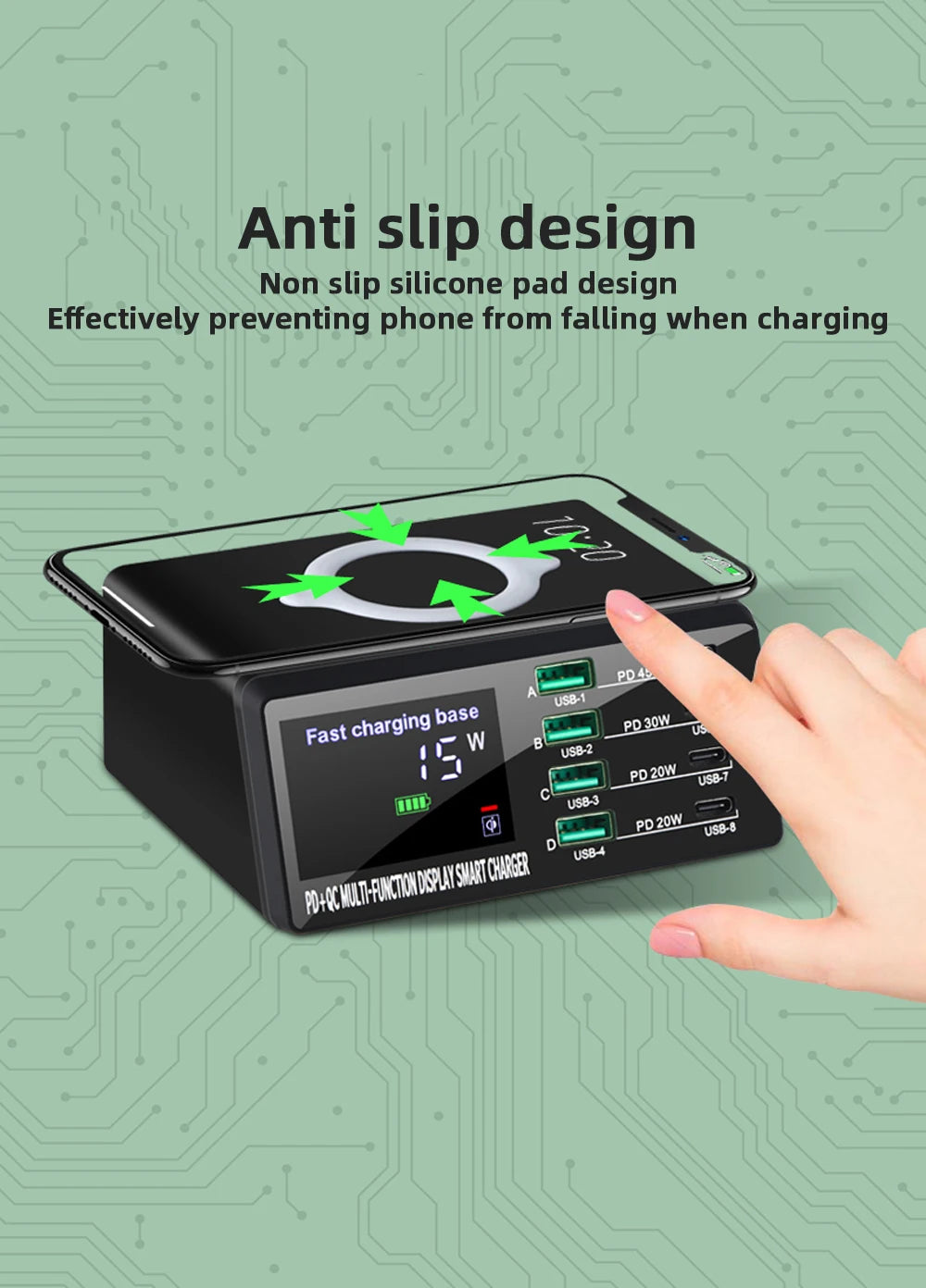 AIXXCO 110W USB Type C Charger Wireless Charing Multi Ports Fast Phone Charger PD QC3.0 Quick Charge For iPhone Samsung Xiaomi