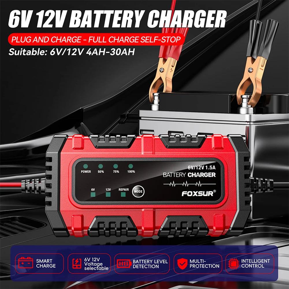 6V 12V 1.5A Smart Car Battery Charger for Lead-Acid AGM GEL Batteries (US)