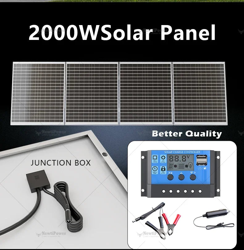 2000W 12V Solar Panel Charger DC System with 100A Controller Ideal for Outdoor Camping Charging Mobile Phones and Car Batteries
