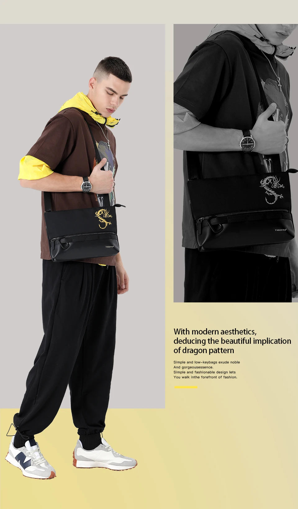 Tigernu Chinese Style Crossbody Bags For Men 9.7inch Tablet Shoulder Bags Mini Light-weight Travel Bags For Men Dragon Series