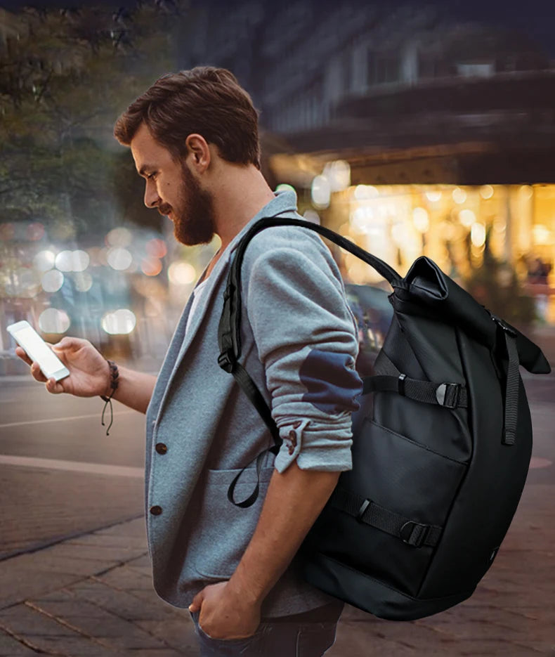 HK Roll-top Travel Backpack Expandable Business Backpack for Men 15.6 Inch Laptop Bag Casual Commute Daypack Computer Men's Bag