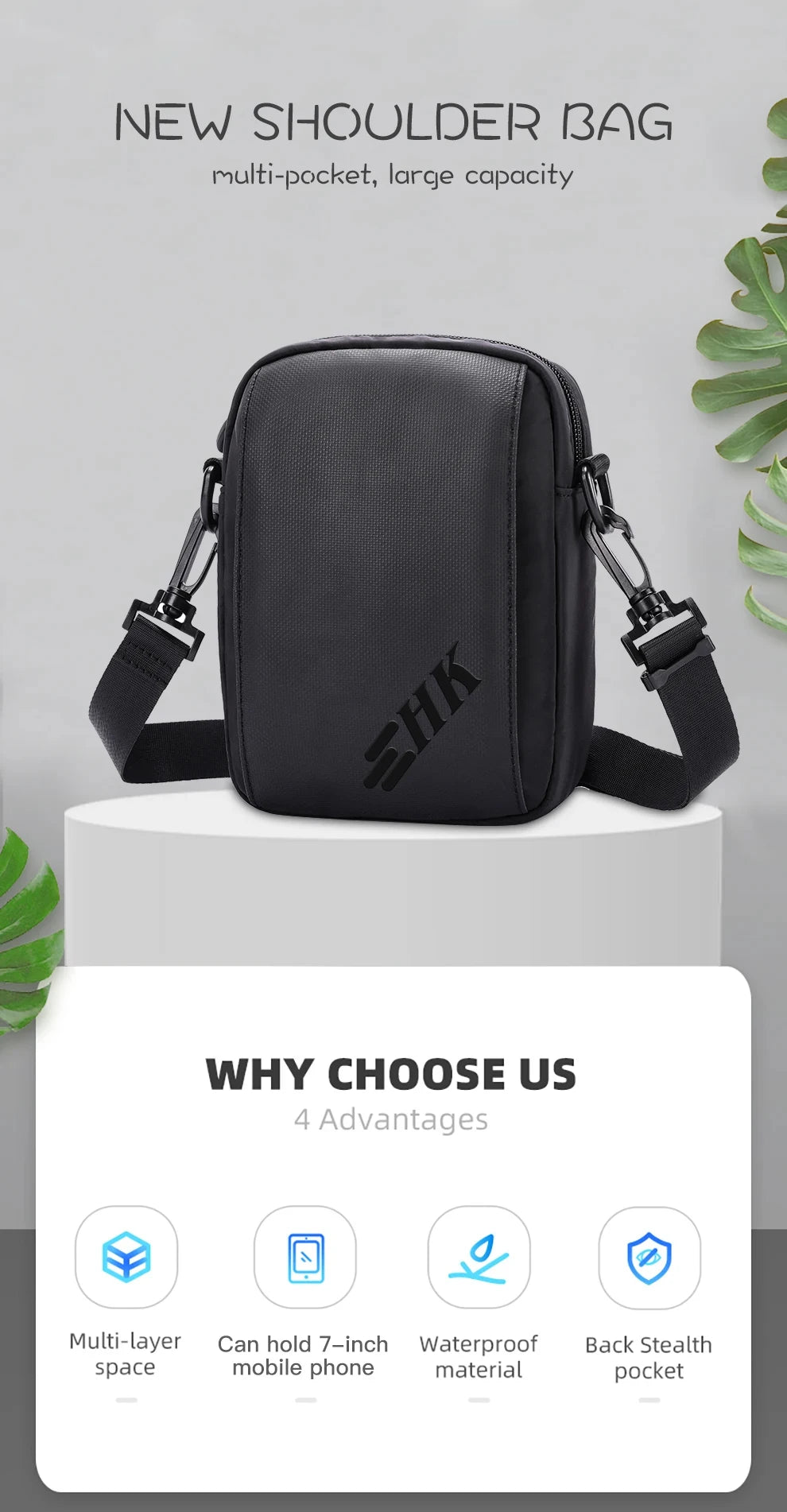 HK Casual Crossbody Bag Men's Shoulder Bag Small Sling Chest Bag Waterproof Wallet Phone Pouch Travel Daily Messenge Bag for Men