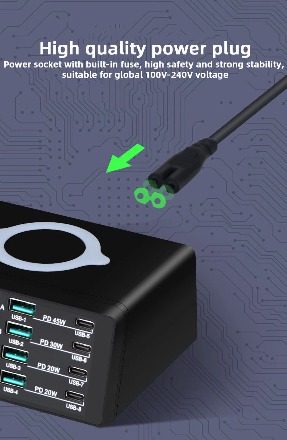 AIXXCO 110W USB Type C Charger Wireless Charing Multi Ports Fast Phone Charger PD QC3.0 Quick Charge For iPhone Samsung Xiaomi