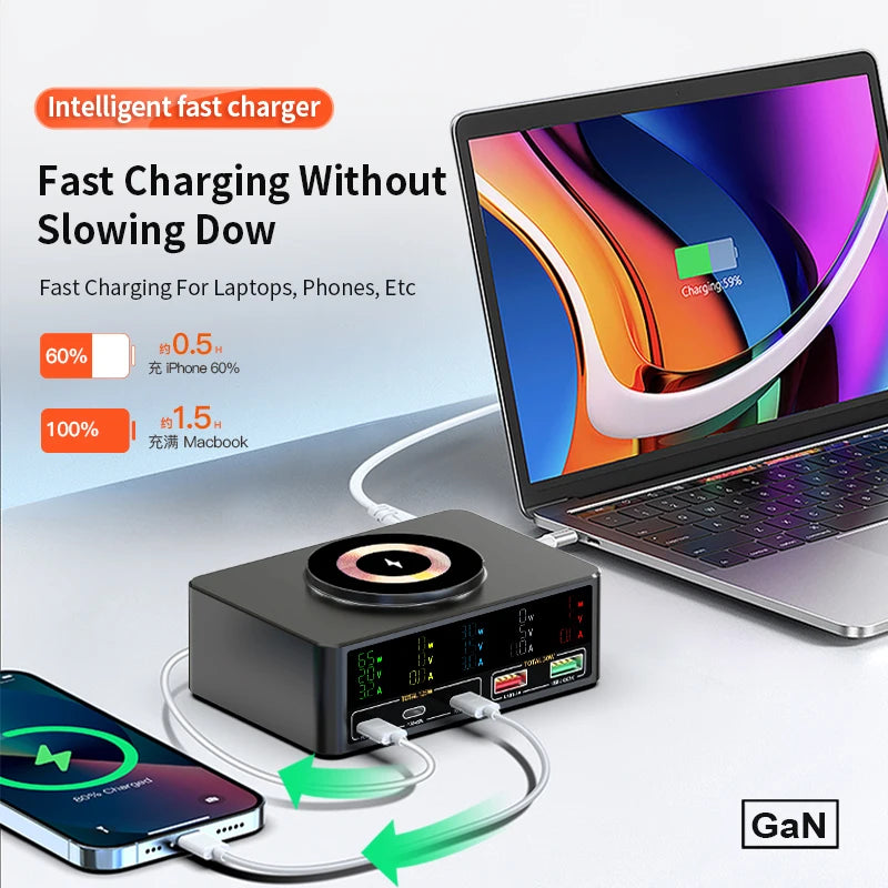 220W GaN USB Type C Fast Charger Portable QC3.0 140W Desktop Power Charging Station Charger For iPhone 16 15 Pro Max MacBook Air