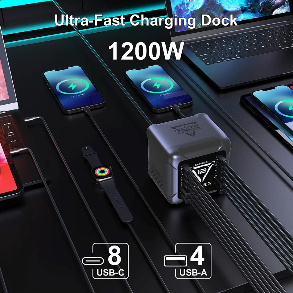 1200W USB C Charger, GaN PD3.1 140W 100W PPS Fast Charging Station Type-C Laptop Power Adapter for MacBook Samsung S25 iPhone 17