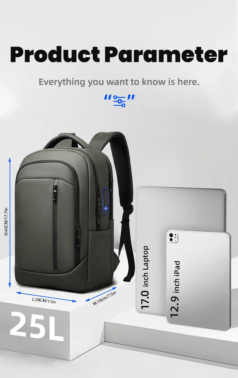 HK Smart Business Backpack Male Waterproof Travel Carry on Backpack Large Capacity 17 inch Laptop Backpack for Men Daily Daypack