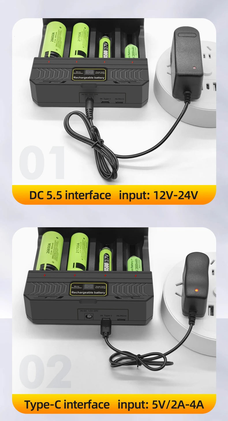 Solar Lithium Battery Smart Charger Type-C USB Four-Slot Multi-Function Outdoor Charger for 3.7V 18650/26650/21700 Batteries