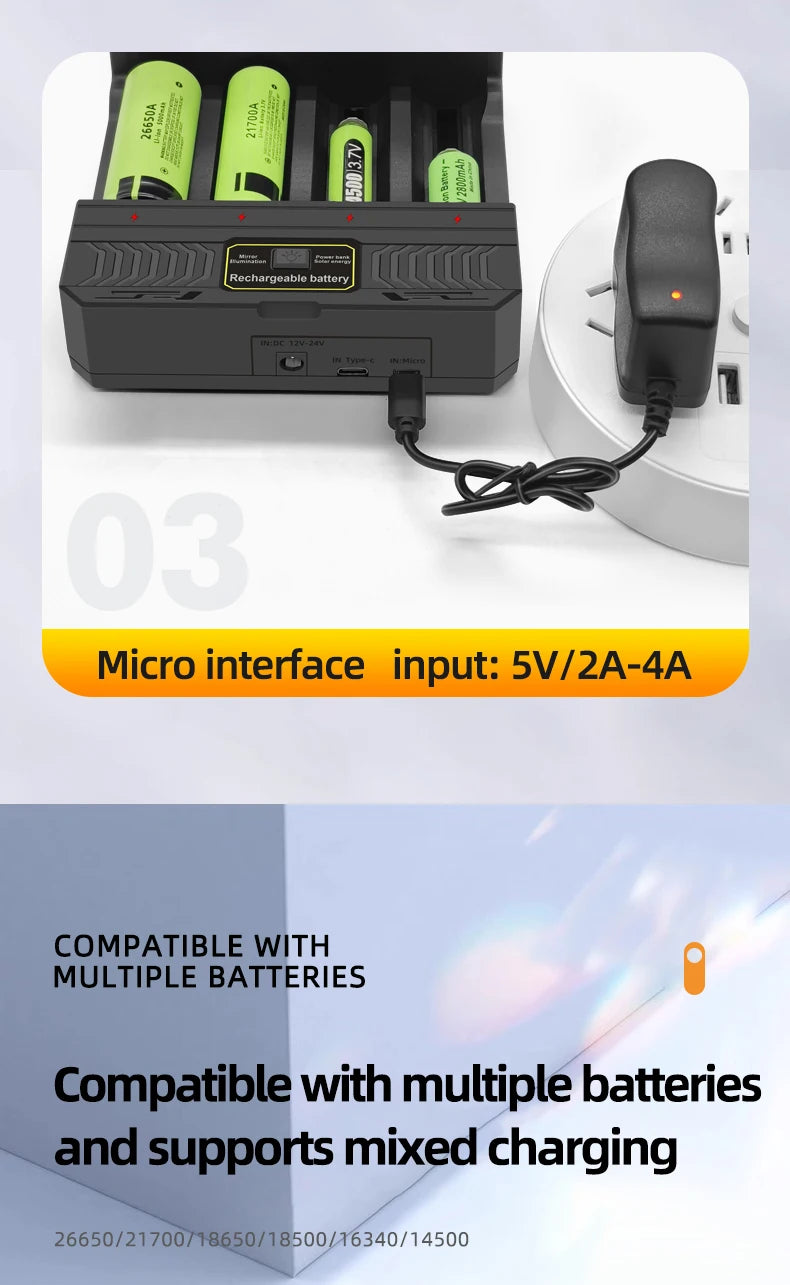 Solar Lithium Battery Smart Charger Type-C USB Four-Slot Multi-Function Outdoor Charger for 3.7V 18650/26650/21700 Batteries