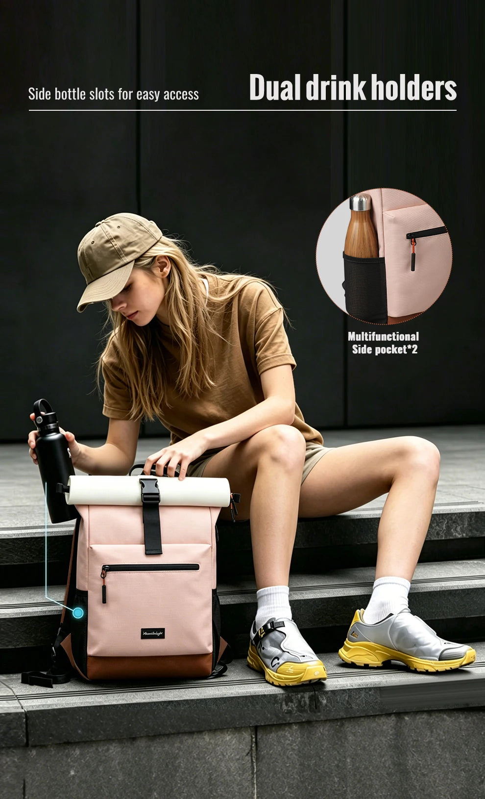 HK Expandable Travel Backpack Roll-top Laptop Backpack for Women Waterproof 15.6 inch Computer School Bags with USB Port Daypack