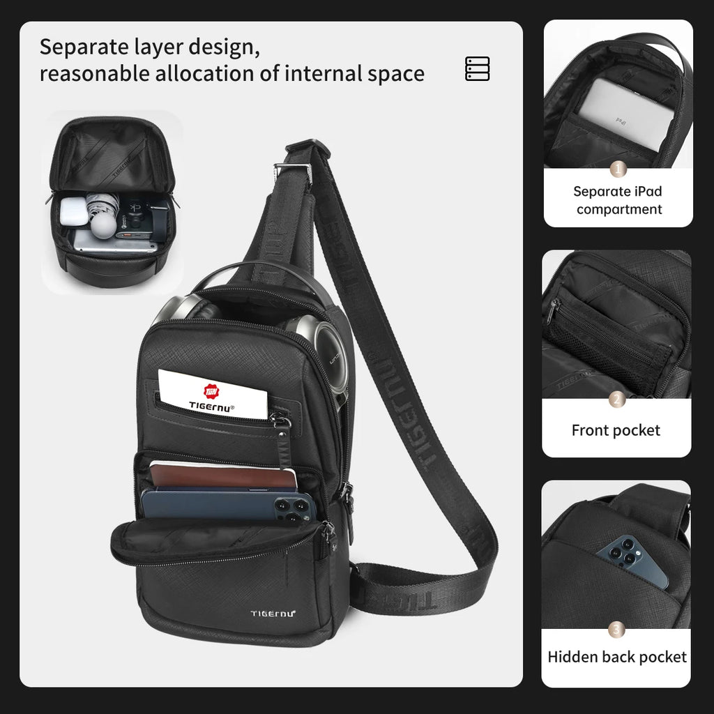 Tigernu Men Sling Chest Bag 7.9 Inch Tablet Crossbody Bag Anti Wrinkle Waterproof For Daily Travel
