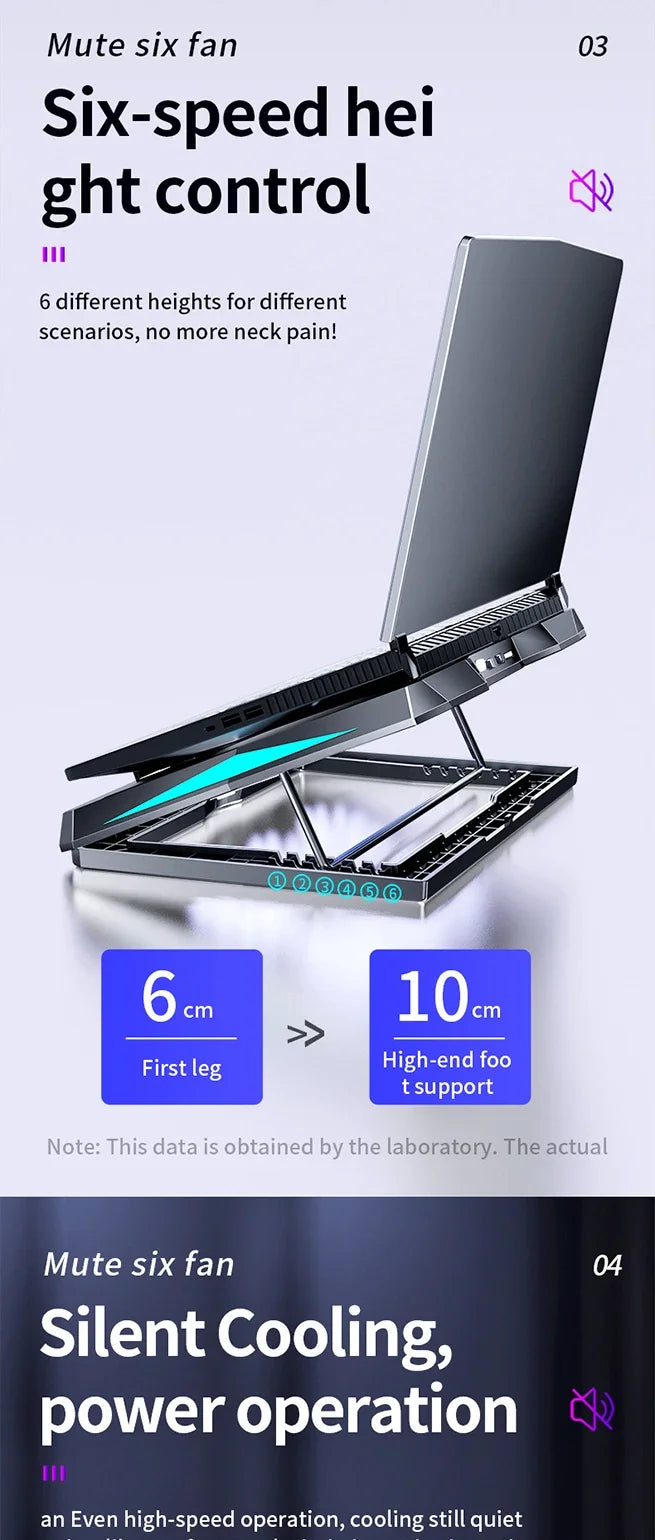 Q3 Gaming Laptop Cooler With Six Fans Adjustable Height Silent Cooling Pad Laptops Computer Stand For Laptops Below 15.6-inch
