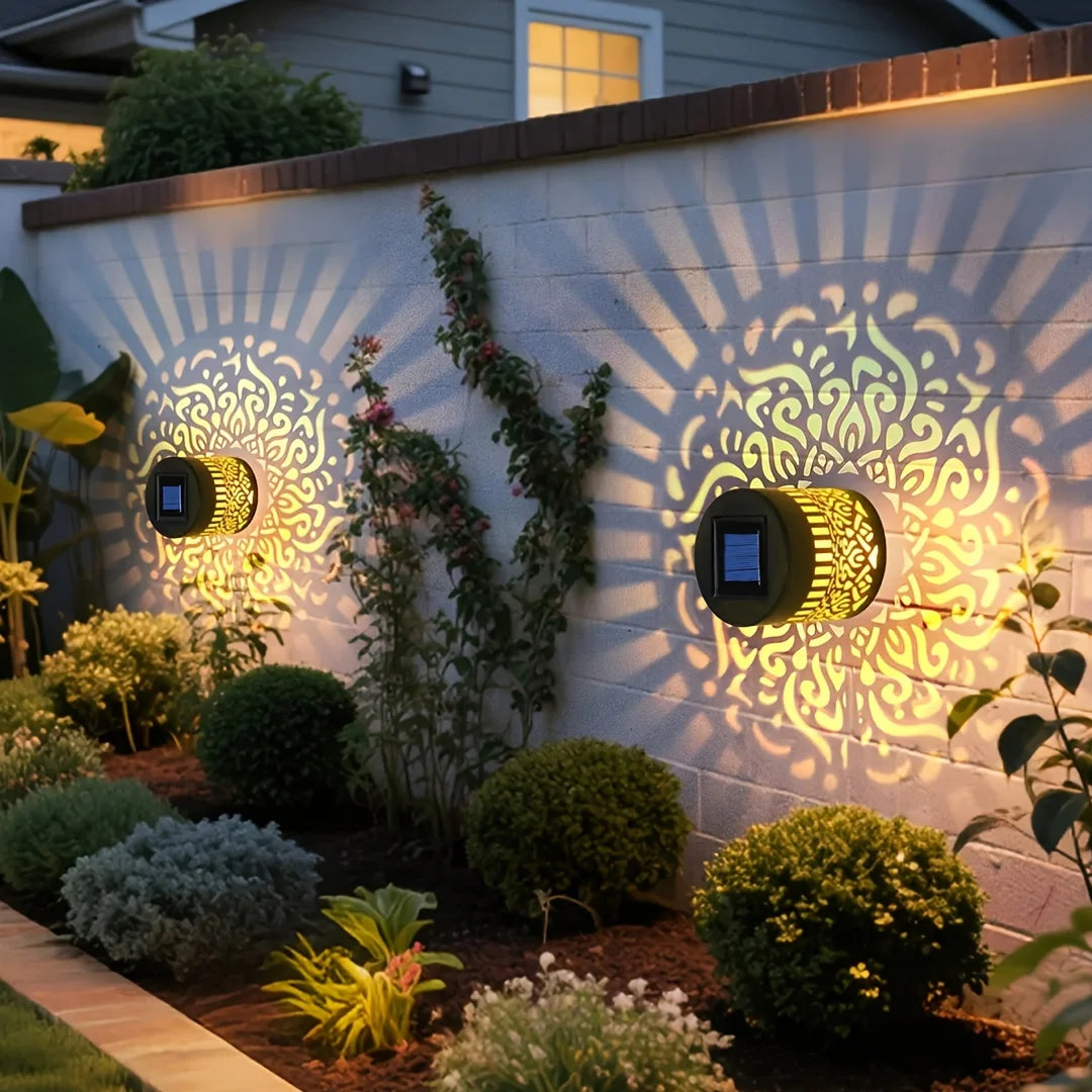 Solar Outdoor Wall Light Projector Waterproof Garden Lamp Patio Fence Decorative Hollow Lantern Lawn Yard Pathway Decor Lighting