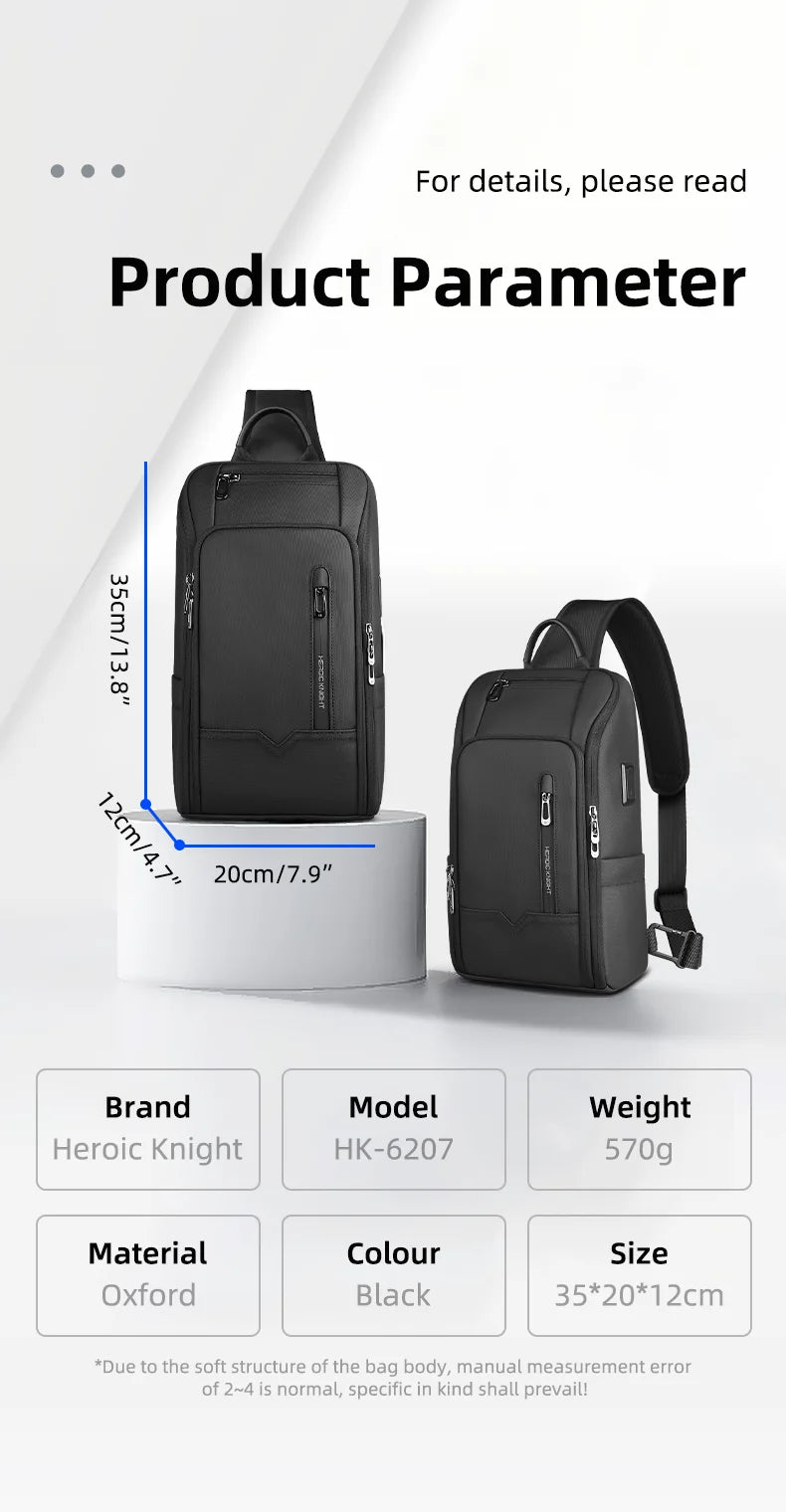 HK Anti-theft Men's Shoulder Bag Waterproof Chest Crossbody Bag with USB Oxford Leisure Satchel Multi-Pockets Sling Bag for Male