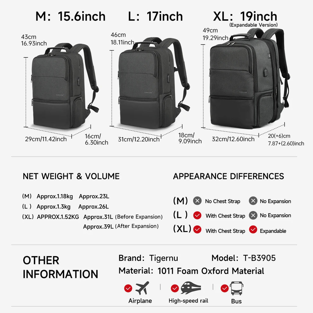 Tigernu Men Expandable Backpack 15.6-19inch Laptop Backpack For Men RFID Anti Theft Bag Travel Bag Schoolbag Cabin Bags Knapsack