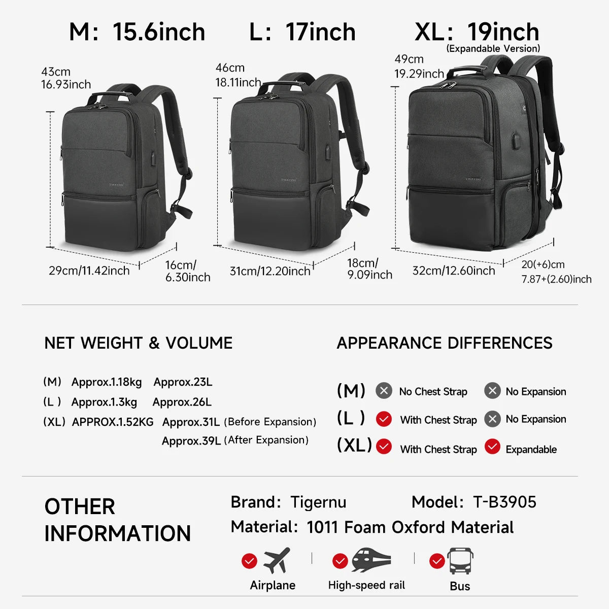 Tigernu Men Expandable Backpack 15.6-19inch Laptop Backpack For Men RFID Anti Theft Bag Travel Bag Schoolbag Cabin Bags Knapsack
