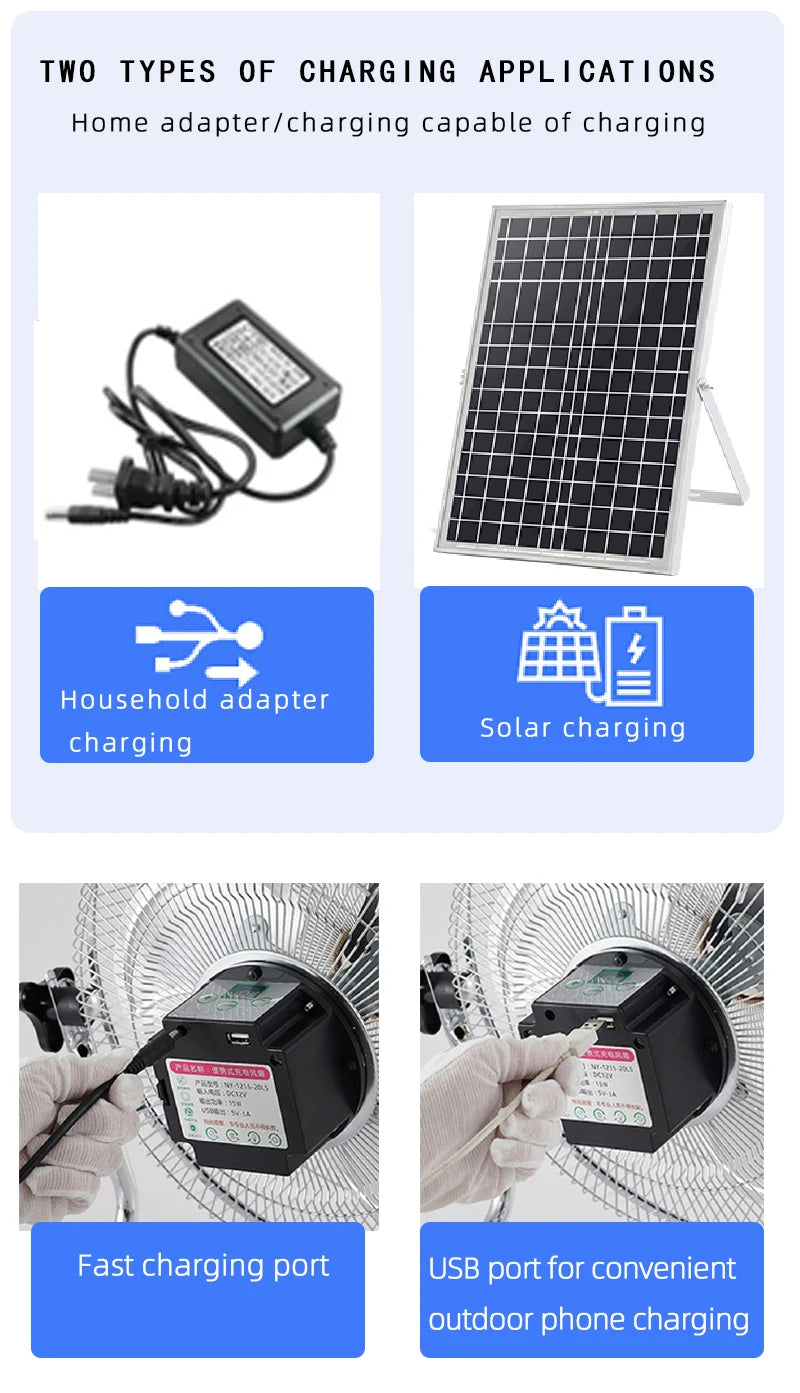 Solar charging fan outdoor fishing camping desktop floor fan mobile portable industrial commercial powerful fan