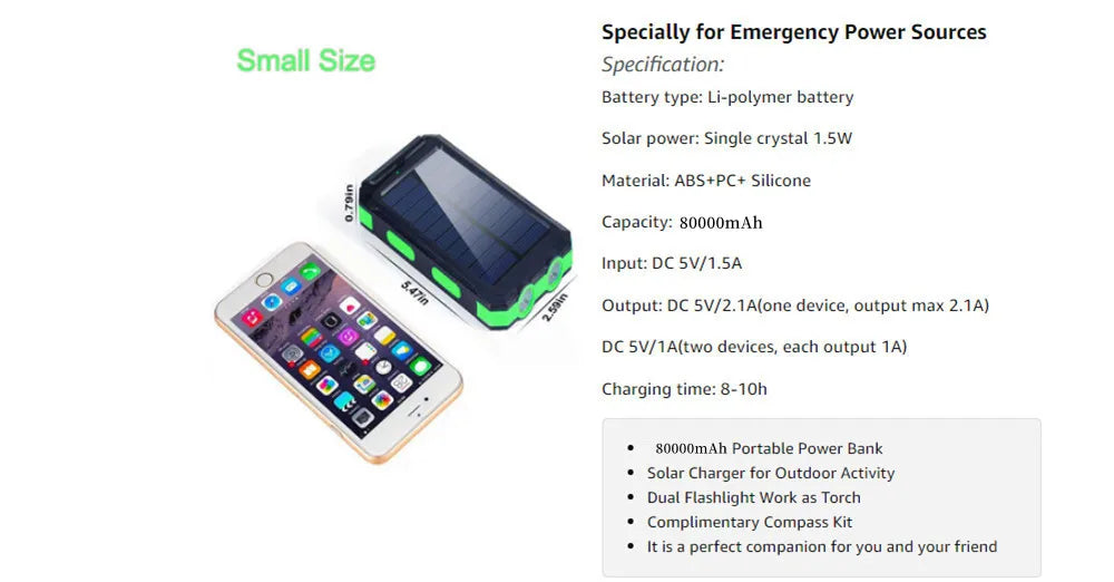 Solar Power Bank 80000mAh Portable Charging Poverbank External Battery Charger Strong Light LDE Light for All Smartphones