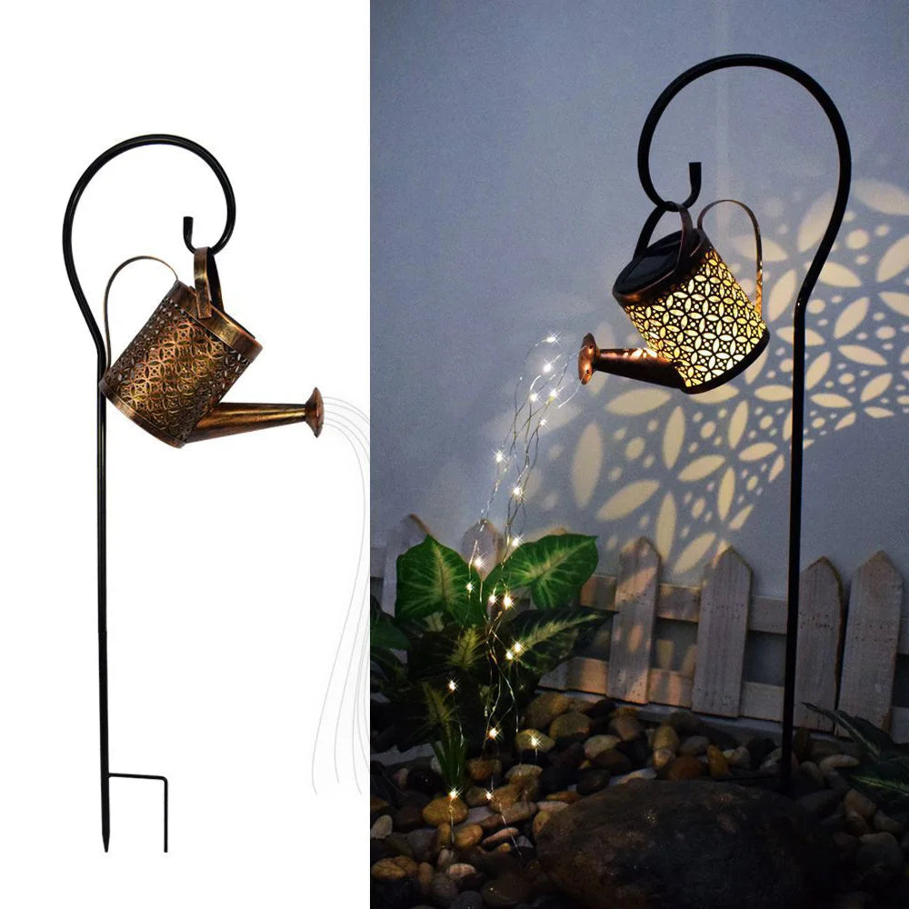Solar Watering Can Light Outdoor Garden Decoration – Hollow Iron LED Projection Lamp, Waterproof Landscape Ground Stake Light