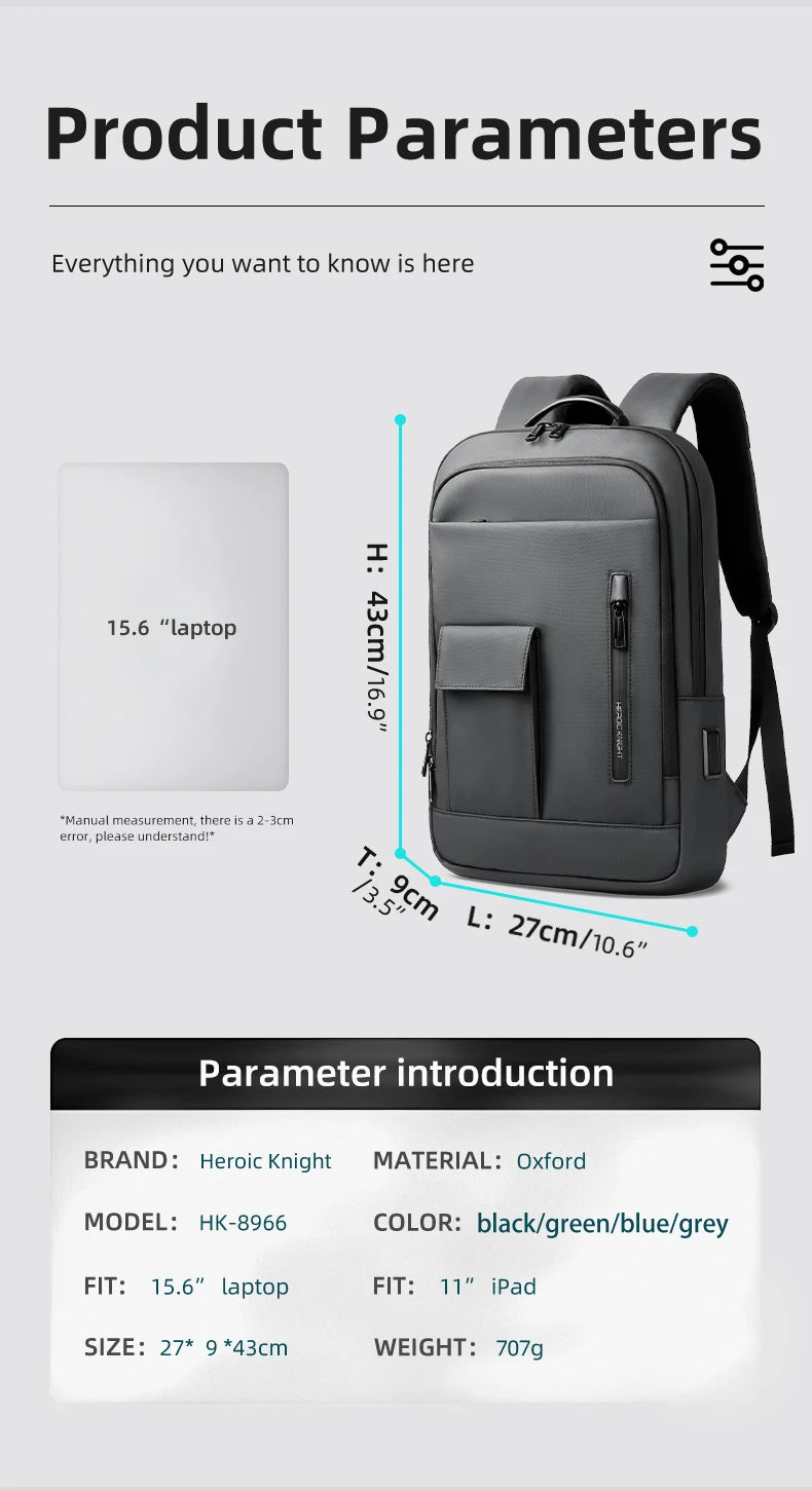 HK Lightweight Business Backpack Men Waterproof 15.6 inch Laptop Backpack with USB Port Anti-theft College Computer Bag for Work