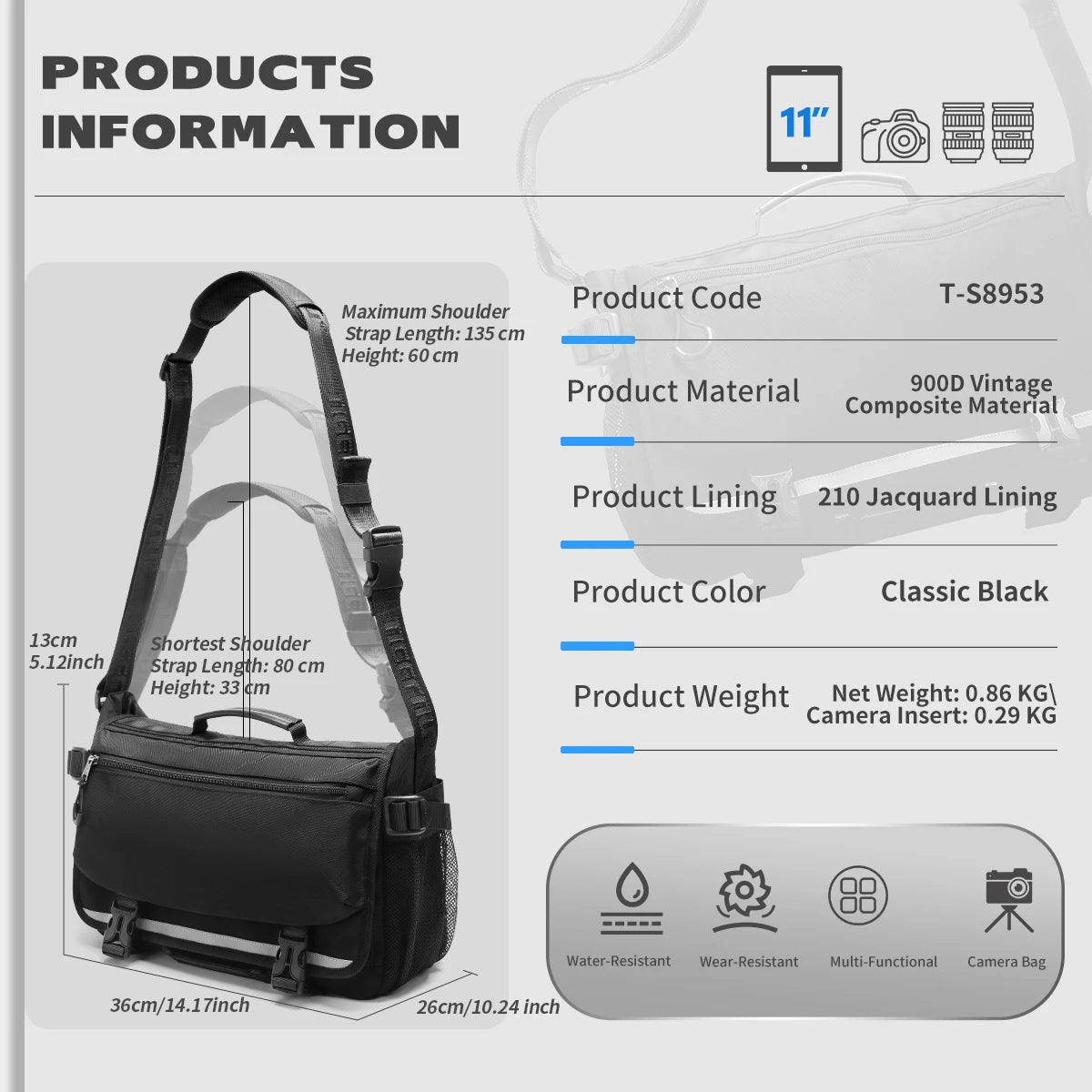 Tigernu Men's Shoulder Bags Waterproof Camera Bag Fashion Messenger Bags For Men Crossbody Bags Outdoor Pack Video Bags Travel