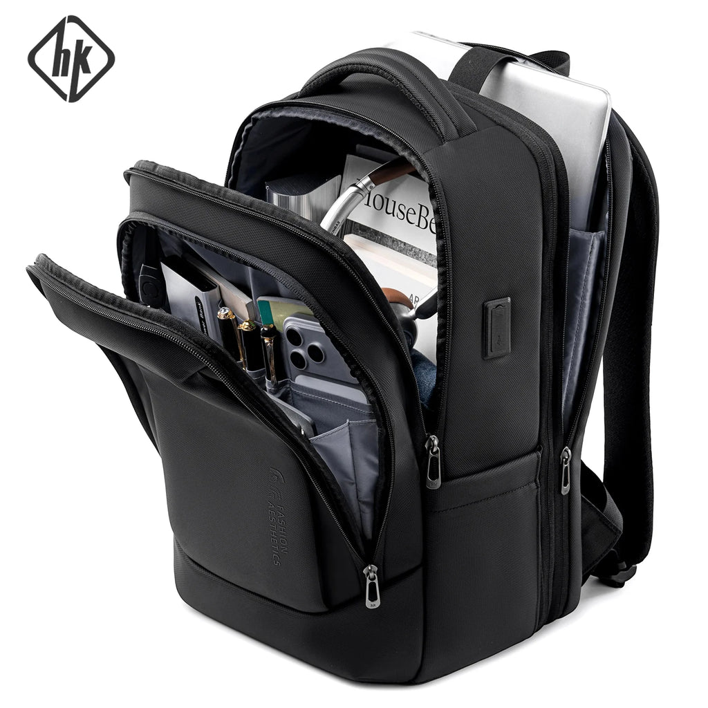 HK Business Backpack with USB Port 17 inch Laptop Bags for Men Waterproof Commute Daypack Large Capacity Travel Office Backpack
