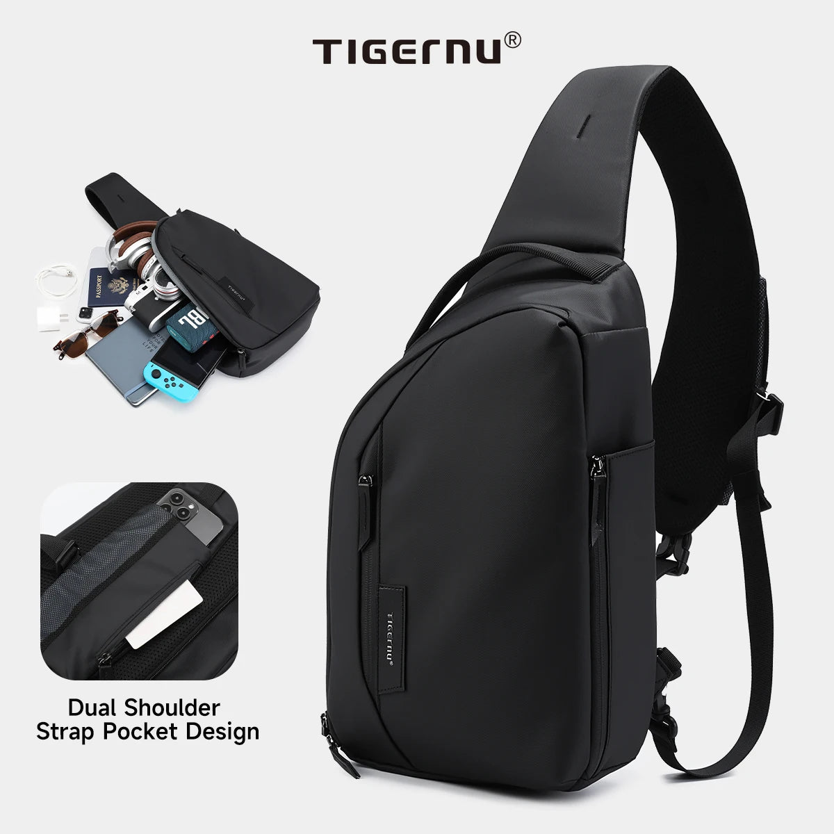 Tigernu Fashion Men's Shoulder Bag Travel Chest Bags for Men Water-Resistant Sling Bag Cross Bag Large Capacity 11 Inch IPad Bag