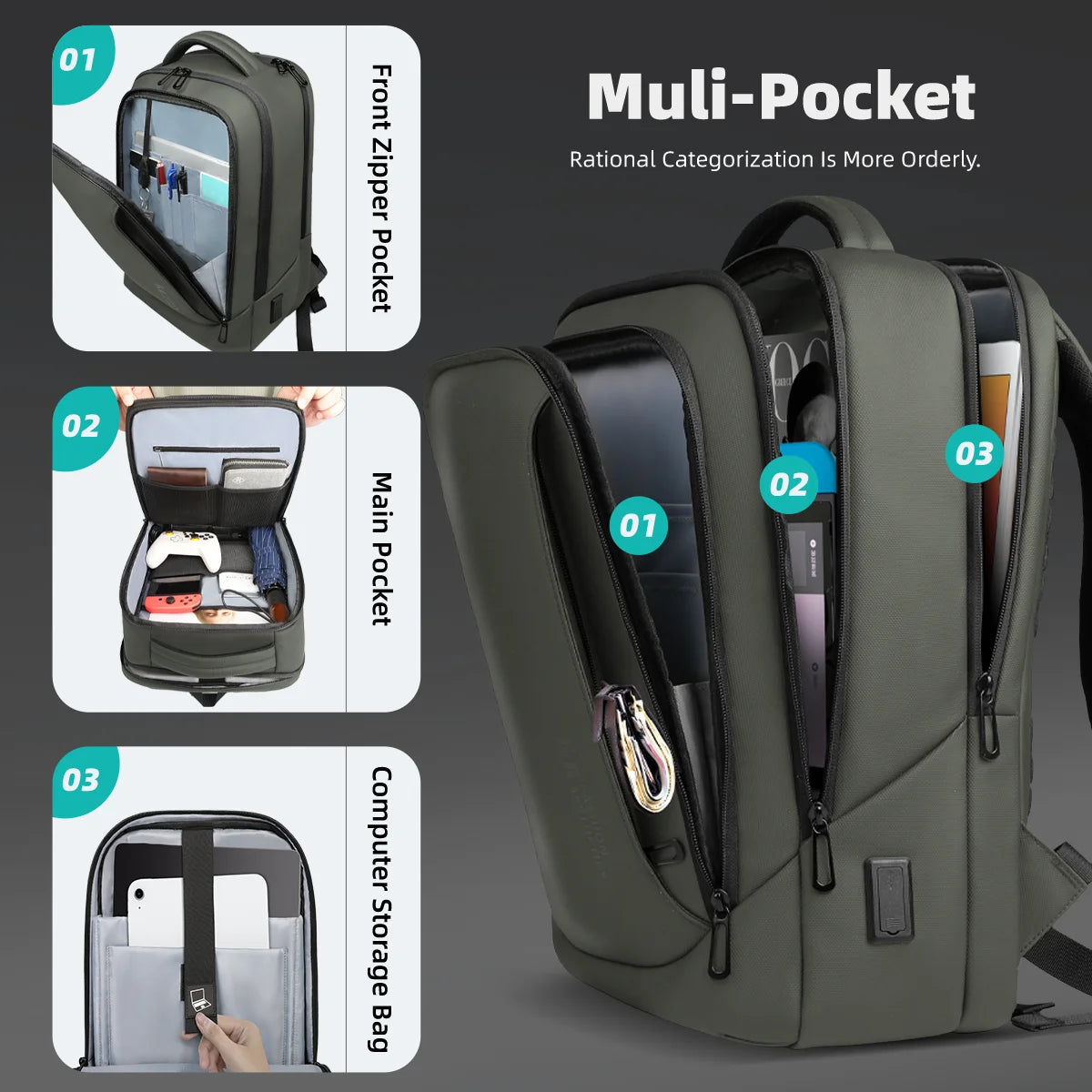 HK Casual Travel Backpack for Men 15.6 inch Laptop Backpack with USB Charging Port Waterproof Daypack Computer Bag for Business
